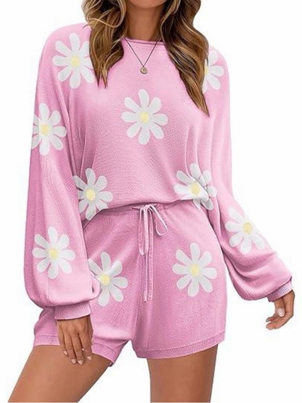 Pink Daisy Lounge Pajama Set - Cozy Long Sleeve Top & Drawstring Shorts - Picture 4 of 4